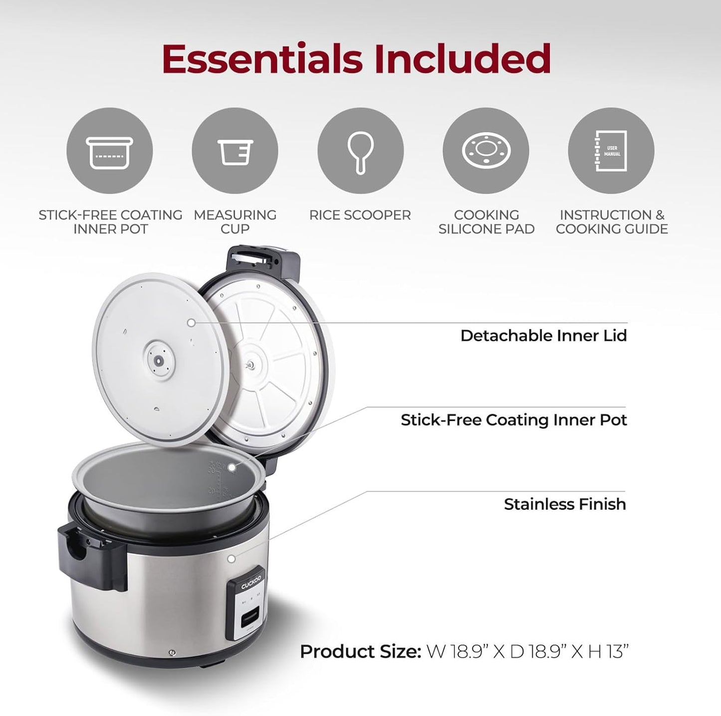 CUCKOO CR-3032 | 30-Cup (Uncooked) Commercial Rice Cooker & Warmer | Automatic Warm Mode, Nonstick Inner Pot, Detachable Inner Lid | Stainless Steel
