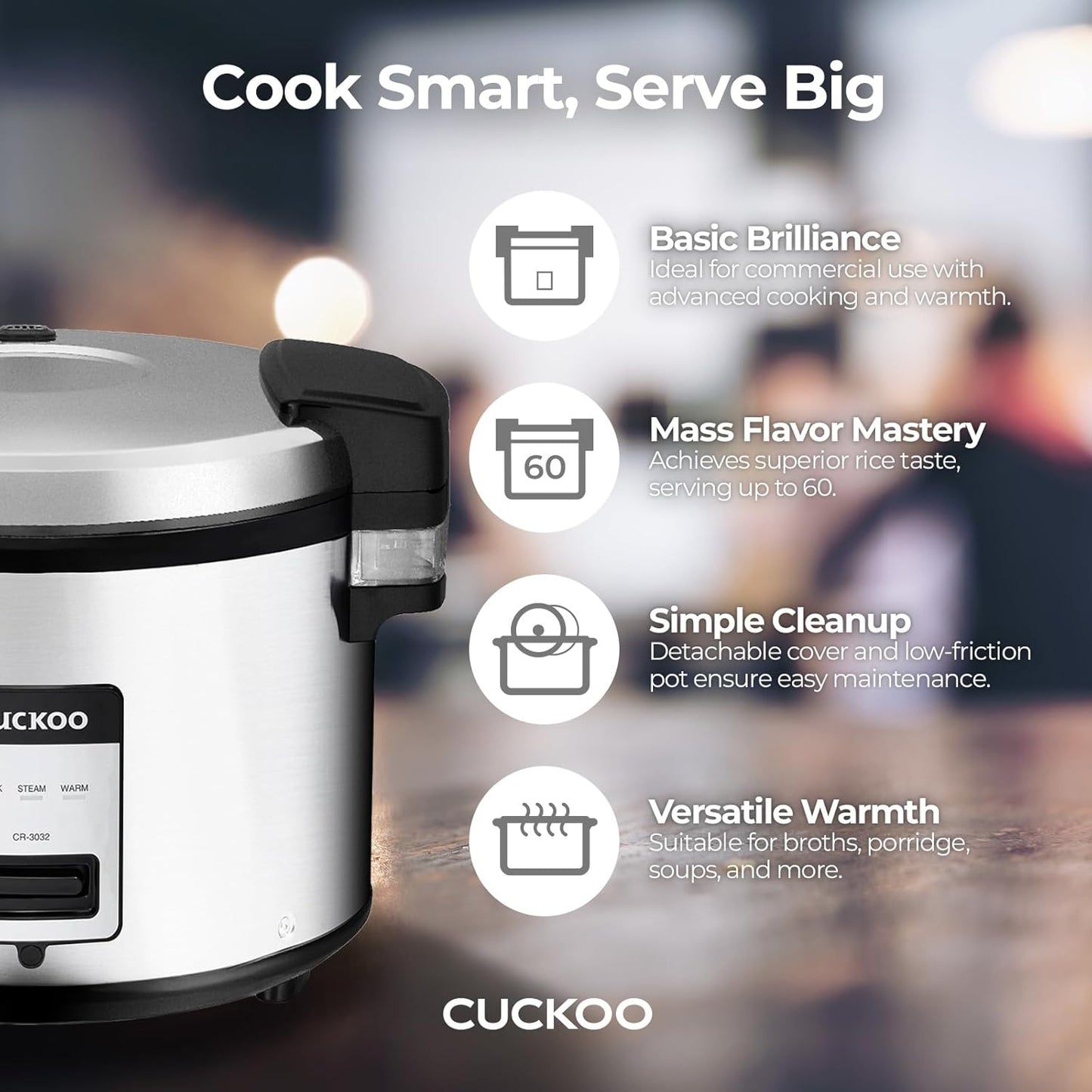 CUCKOO CR-3032 | 30-Cup (Uncooked) Commercial Rice Cooker & Warmer | Automatic Warm Mode, Nonstick Inner Pot, Detachable Inner Lid | Stainless Steel