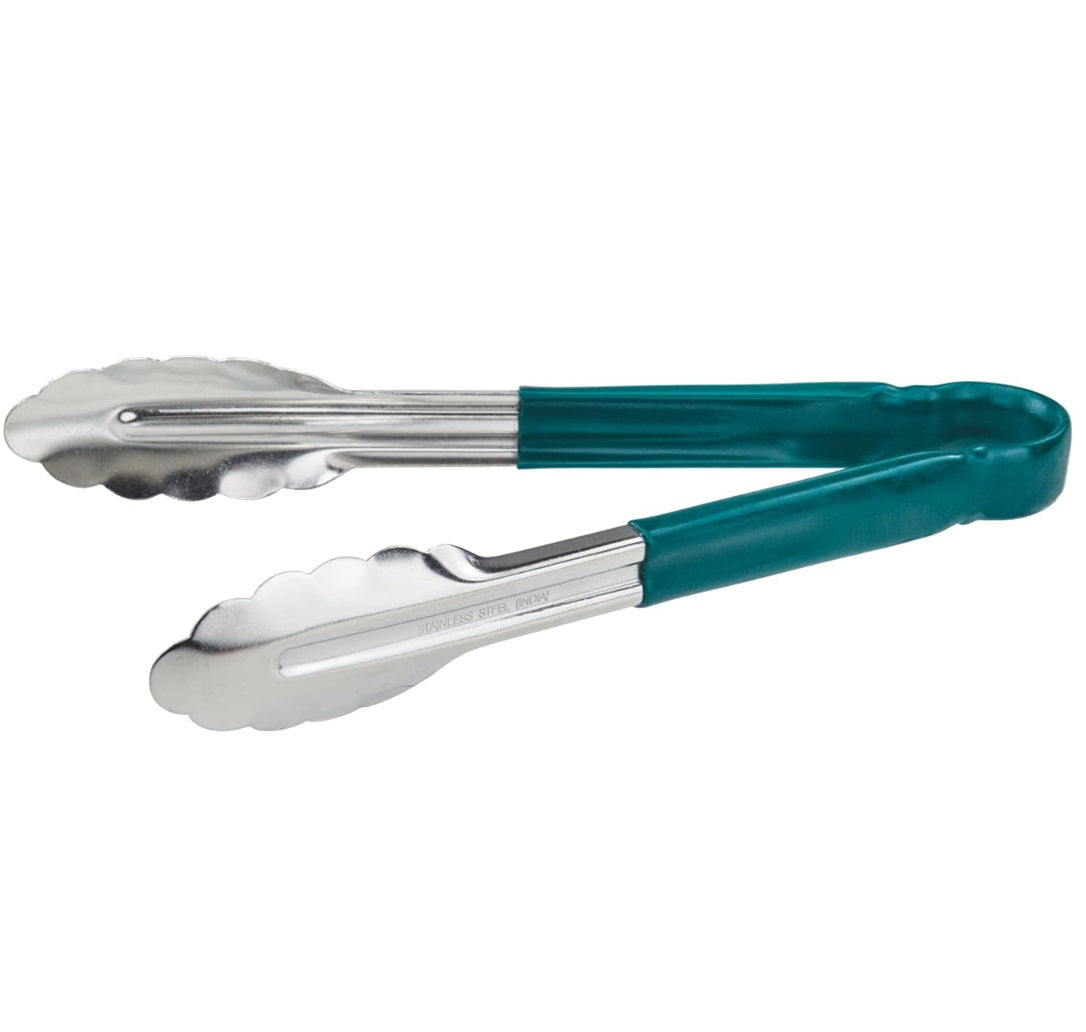 9" Stainless Steel Tongs with Green Rubber Grip
