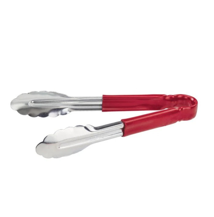 9" Stainless Steel Tongs with Red Rubber Grip