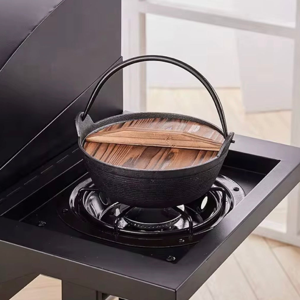 Japanese Style Cast Iron Shabu Shabu Hot Pot Sukiyaki Nabe Pot with Wooden