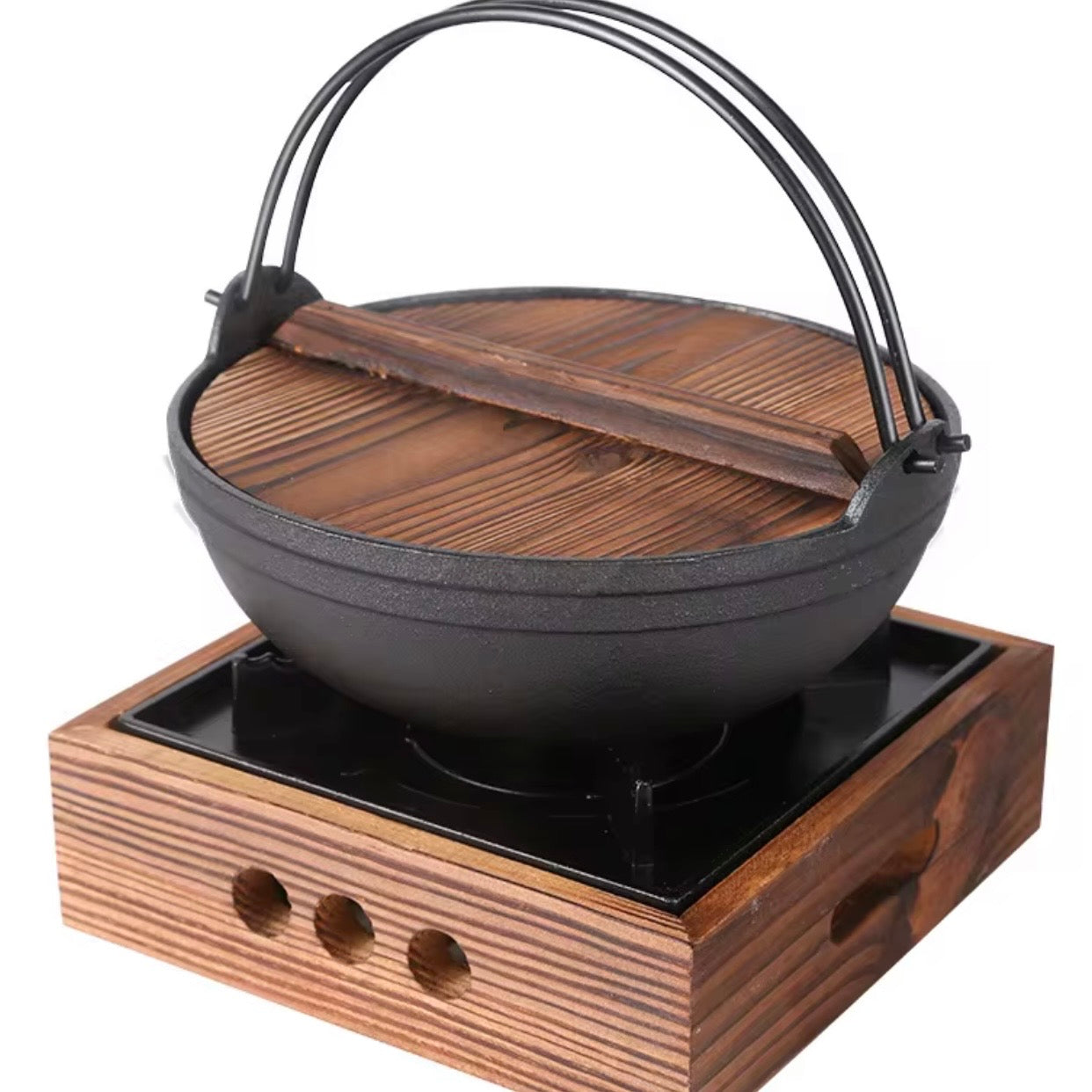 Japanese Style Cast Iron Shabu Shabu Hot Pot Sukiyaki Nabe Pot with Wooden