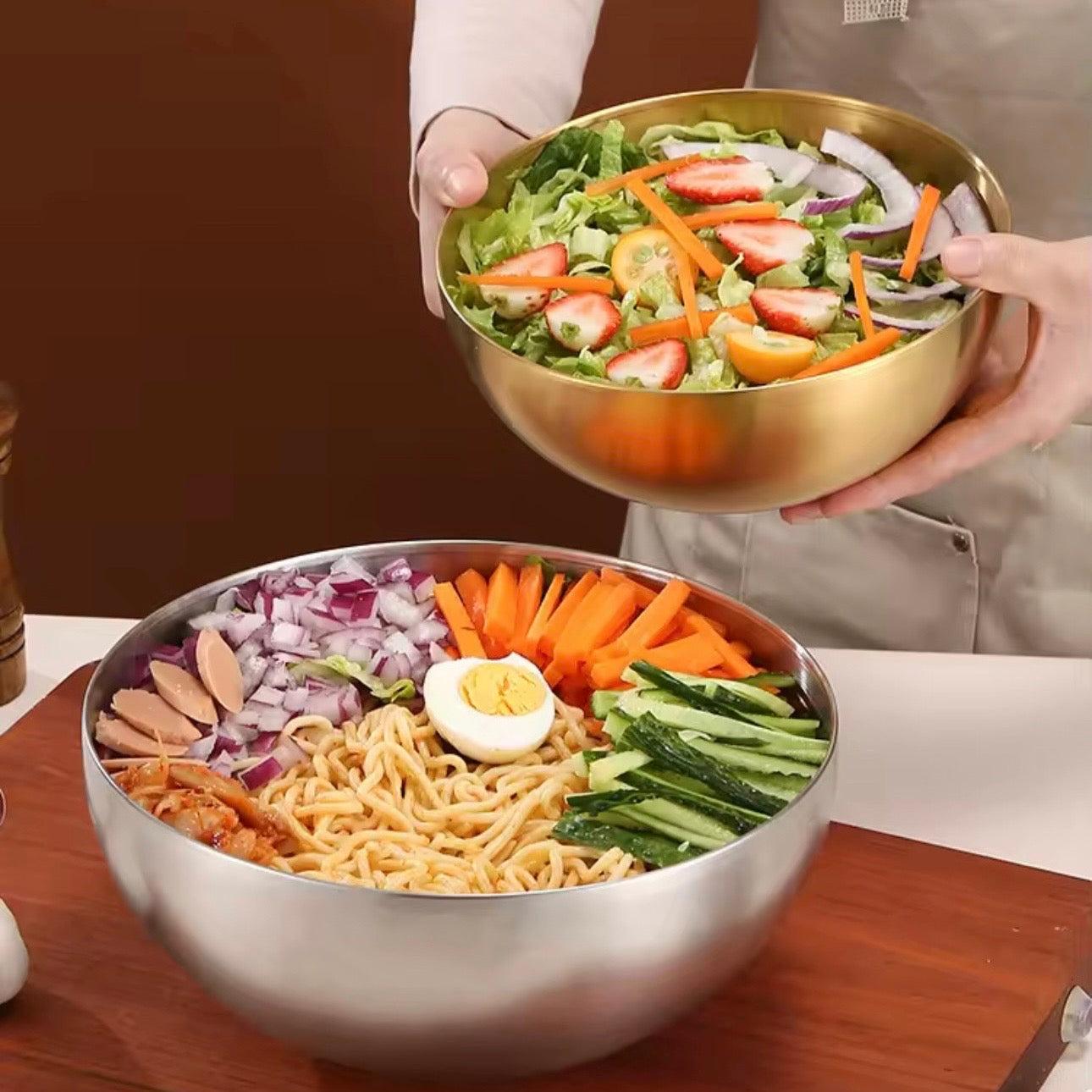 Silver Bowl (Stainless Steel) - Korean Style Rice Salad Mixing Bowl - 18 cm