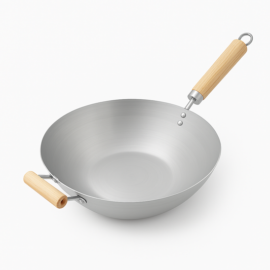 Carbon Steel Wok – Flat Bottom, Wooden Handles | Traditional Stir‑Fry Pan Saut