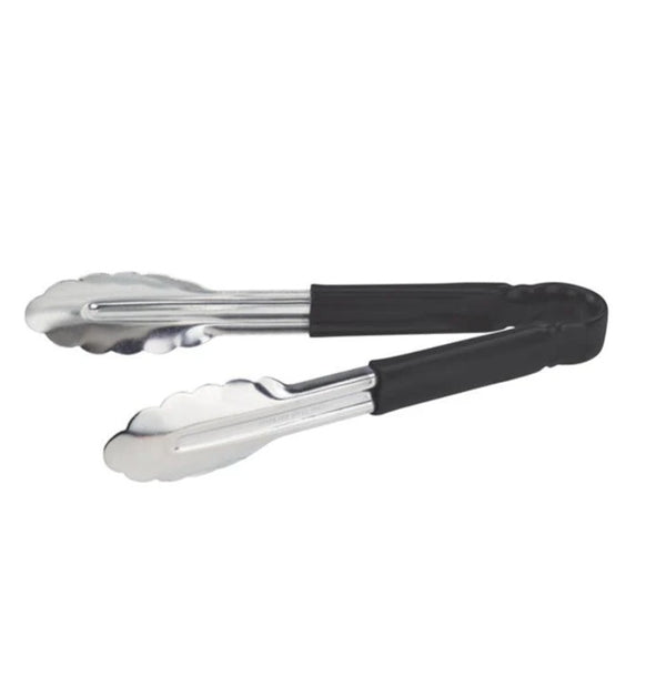 9" Stainless Steel Tongs with Black Rubber Grip