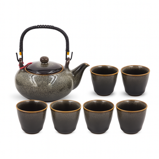 Ceramic Gloss Echoes of Fire with 6 Tea Cups - Teapot Set - Black Grey