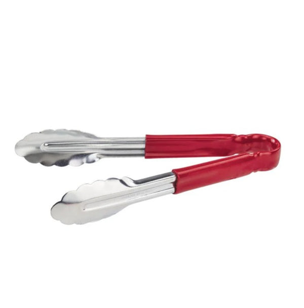 9" Stainless Steel Tongs with Red Rubber Grip