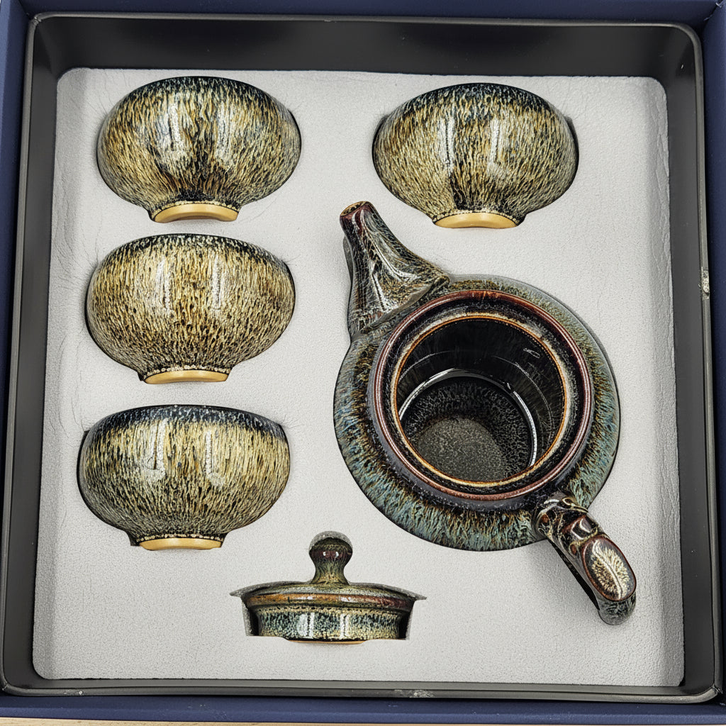 Ceramic Glass Nordic Glaze with 4 Tea Cups - Ceremony Kung Fu Tea Set - Black Blue