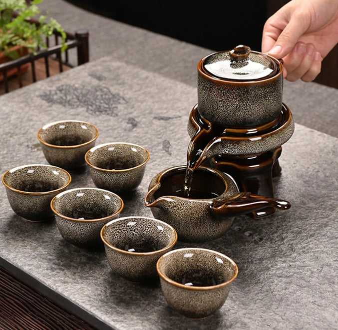 Ceramic Gloss Echoes of Fire with 6 Cups - Ceremony Kung Fu Tea Set - Black Grey