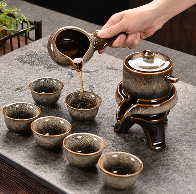 Ceramic Gloss Echoes of Fire with 6 Cups - Ceremony Kung Fu Tea Set - Black Grey