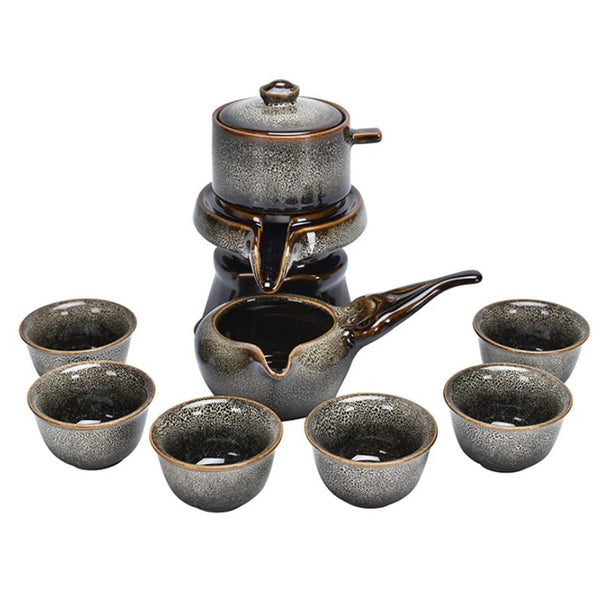 Ceramic Gloss Echoes of Fire with 6 Cups - Ceremony Kung Fu Tea Set - Black Grey