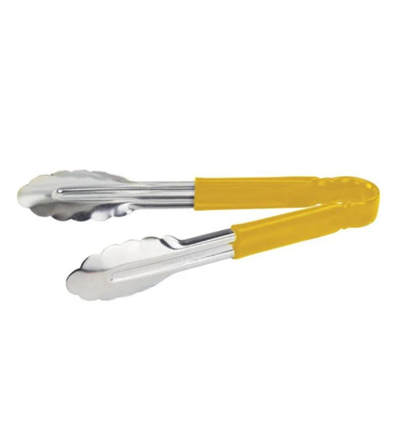 9" Stainless Steel Tongs with Yellow Rubber Grip